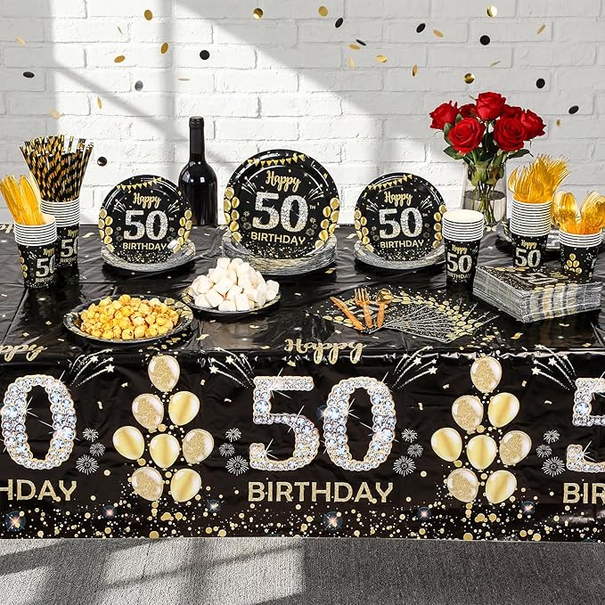 452 Pcs 50th Birthday Decorations for Men, Black and Gold 50th Birthday Paper Plates Cups Napkins Tablecloth Cutlery Straws for Men Women 50 Year Old Party Supplies for 50 Guests