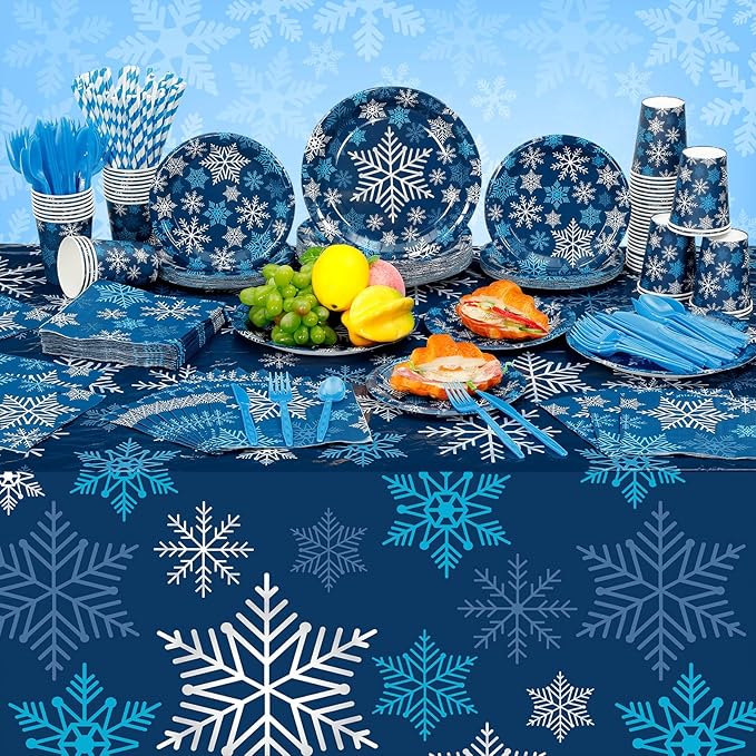 452 Pcs Winter Dark Blue Snowflake Party Supplies for 50, Blue Silver White Snowflake Paper Plates Napkins Cups Tablecloth Cutlery Straws for Winter Birthday Wonderland Party Decoration