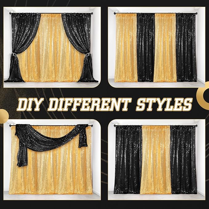137 Pcs Black Gold Party Backdrop Kits - 4 Sequin Backdrop Curtain 133 Balloon Garland Kit Photo Prop Background for Graduation Birthday Anniversary Weeding Party Decoration