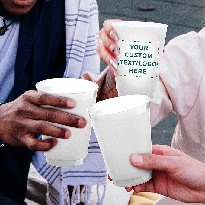 DISCOUNT PROMOS Custom Frosted Plastic Stadium Cups, 100 pack, Promotional Text, Logo, 16 oz. Shatterproof Flexible Reusable Party Cups– Pearl White