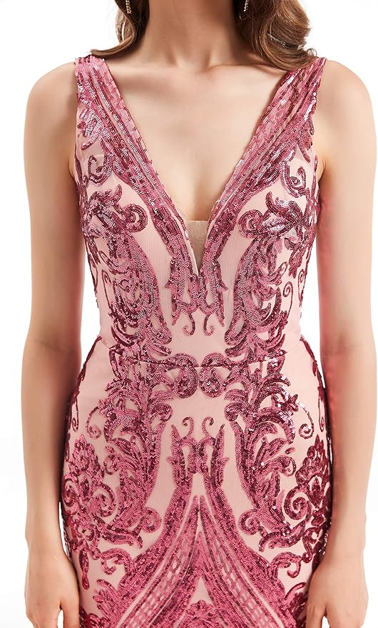 Women's Double V-Neck Sequins Lace-up Mermaid Evening Dress