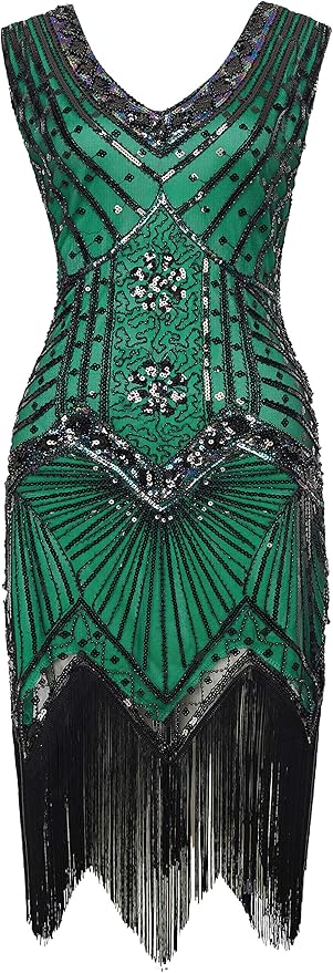 BABEYOND Women's Plus Size Flapper Dresses 1920s V Neck Beaded Fringed Great Gatsby Dress