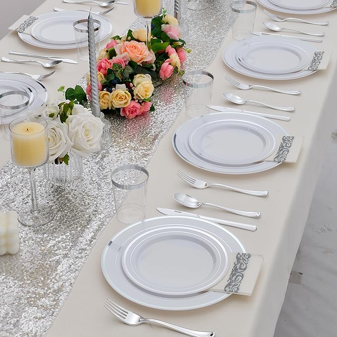 350 PCS Silver Plastic Dinnerware for 50 Guests,Silver and White Disposable Plates for Party Wedding with Napkins, 50 Dinner Plates, 50 Dessert Plates, 50 Silverware Set, 50 Cups