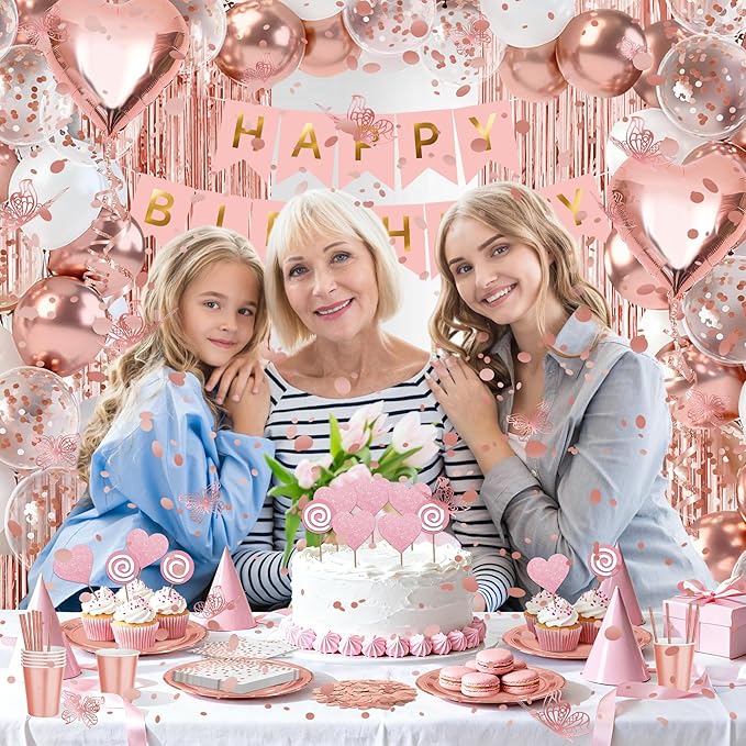 Sweet Rose Gold Birthday Party Decorations pack for Girls,Women-Happy Birthday Banners,Curtains Cake Topper decor,12pcs Butterfly,Plates Cups Napkins Straws for 25 Guest & More