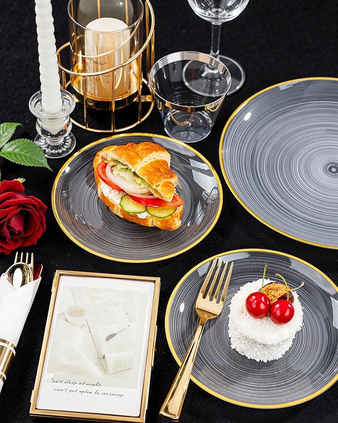 Morejoy 175PCS Clear Gold Plastic Plates - Disposable Gold Party Plates & Pre Rolled Napkins with Cutlery for 25 Guests, 50Plates, 75Silverware, 25Cups, 25Napkin for Party & Thanksgiving