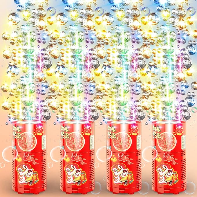 4 PCS Fireworks Bubble Machine with 4x80ml Bubble Solution, Portable Automatic Bubble Machine with Lights and Closeable Music, Bubble Maker Toys for Kids Outside Activities Parties Wedding