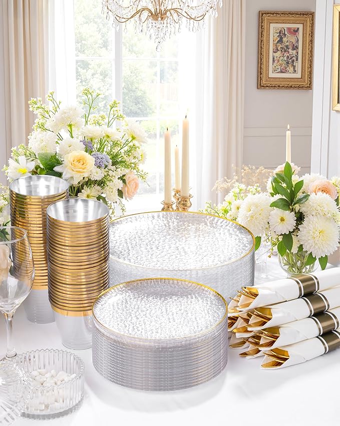 Hioasis 350pcs Clear Gold Plastic Plates - Clear Plastic Dinnerware Set Includes 50 Dinner Plate, 50 Dessert Plate, 50 Cups, 50 Napkins Perfect for Wedding & Party