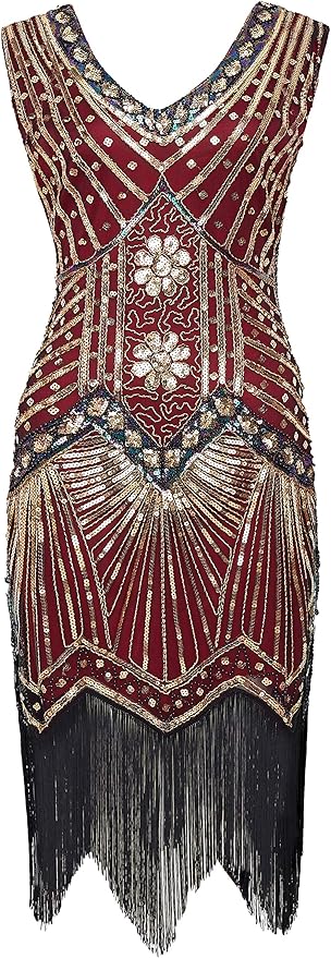 BABEYOND Women's Plus Size Flapper Dresses 1920s V Neck Beaded Fringed Great Gatsby Dress