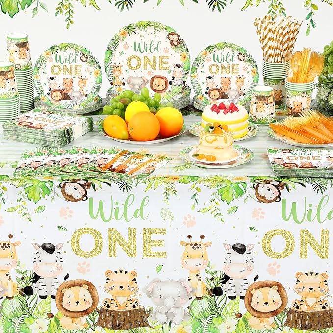452 Pcs Wild One Birthday Party Decorations for 50, Safari Jungle Wild One Paper Plates Napkins Cups Tablecloth Cutlery Straws for Boys Kids Woodland Themed First Birthday Party Supplies