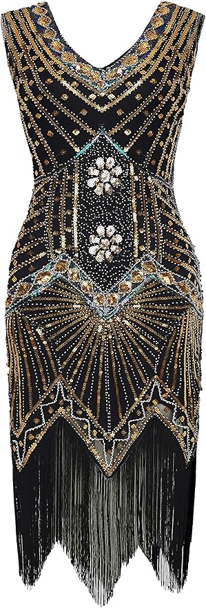 BABEYOND Women's Plus Size Flapper Dresses 1920s V Neck Beaded Fringed Great Gatsby Dress