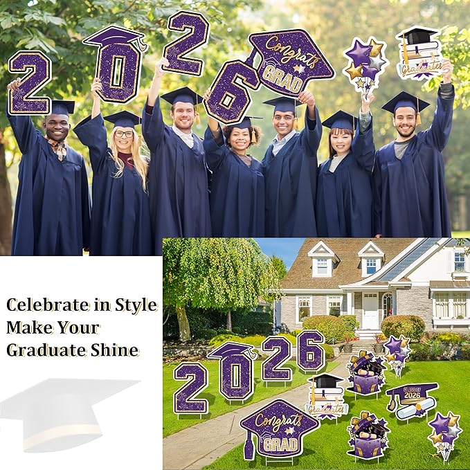 Large 11 PCS Graduation Yard Signs, Class of 2026 Congrats Grad Outdoor Lawn Yard Sign with Stakes, Graduate Yard Decorations for College High School Party, Purple and Gold