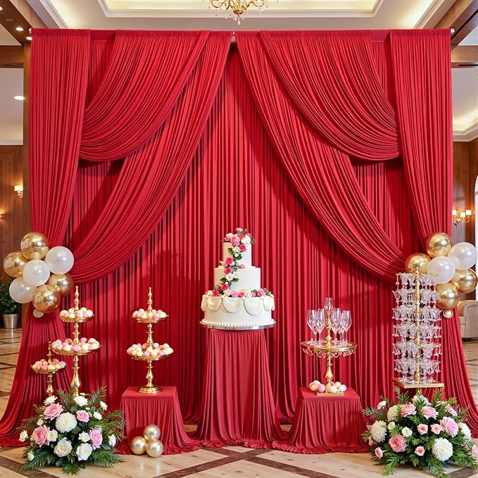 gogoparti 20x12ft Red Backdrop Curtain for Wedding Parties, 4 Panels (5x12 ft Each) Wrinkle-Free Dackdrop Curtains, Silky Draping Fabric for Birthday Party, Baby Shower, Photo Background