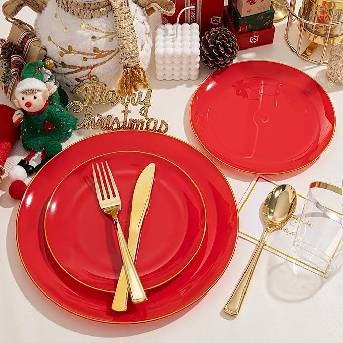 NOCCUR 350PCS Red Plastic Plates - Disposable Red Gold Dinnerware Set for 50 Guests, 100 Dinner/Dessert Plates, 150 Gold Silverware, 50 Cups&50 Napkins for Party/Wedding/Valentines Day