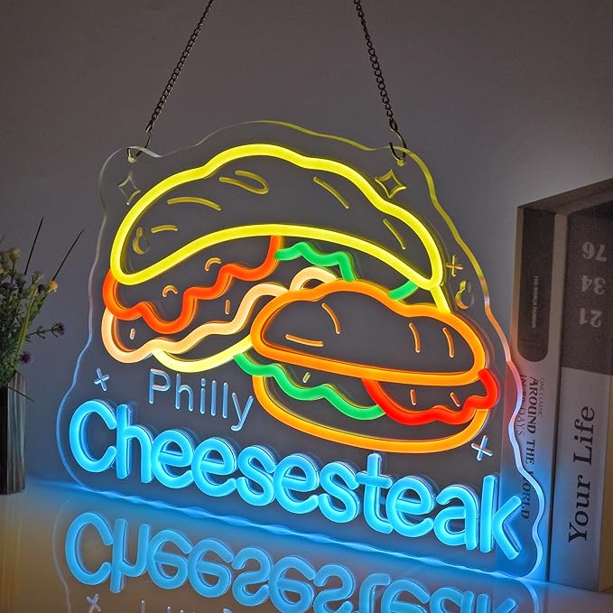 Pilly Cheesesteak Neon Sign, Neon Lights Hanging Wall Art Decoration for Restaurant Shop Deli Food Market Kitchen Home Decor, USB Powered, Ultra Bright & Dimmable, 15.75×11.4 Inches