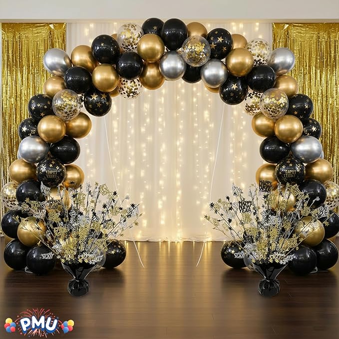 PMU 12Pc New Year's Eve Bursting Centerpiece for Table Decor, Table Balloon Weights| for Theme Party Decorations Supplies Black |15in