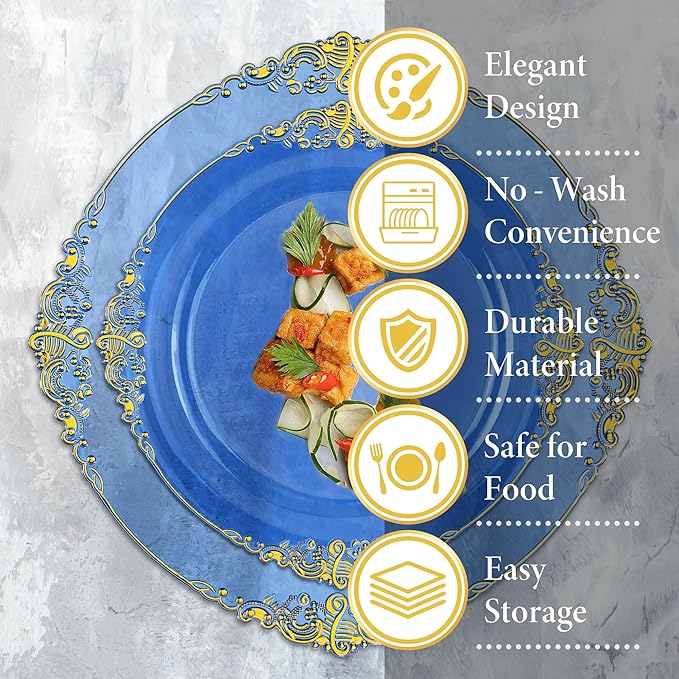 Nervure 350PCS CLear Blue Plastic Plates - Blue Gold Plastic Dinnerware Sets for 50 Guests - 100 Disposable Plates, 150 Silverware, 50 Cups, 50 Napkins for Wedding & Party