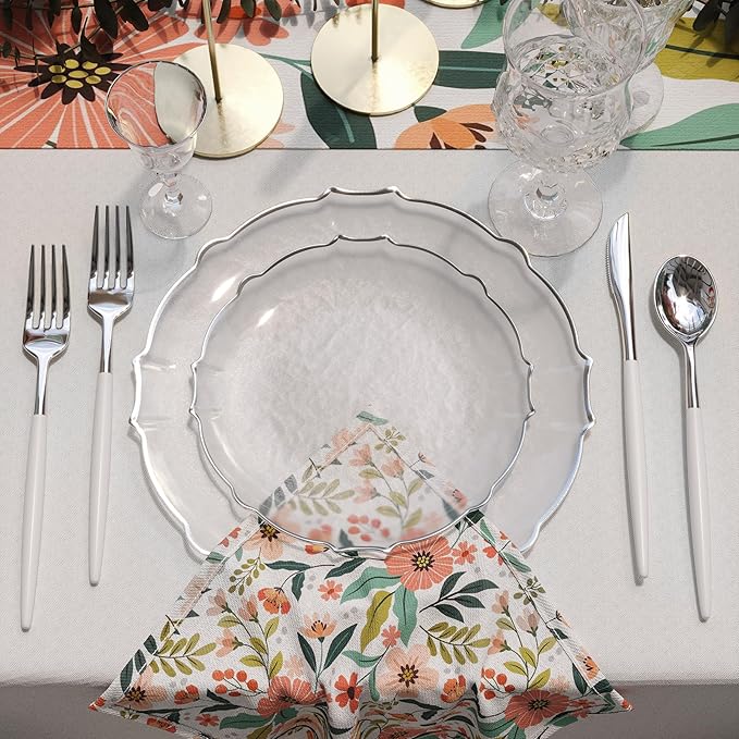 Exquisite Plastic Plates for Party 40 Piece Fancy Plastic Dinner Plates For 20 Guests 20 X 7.5 Dessert Plate & 20 X 10 Thin Delicate Disposable Dinnerware Charger Plate Clear Silver Rim