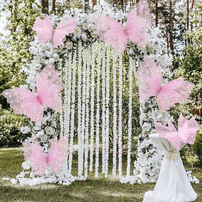 Geelin 6 Pcs Large Pink Pearl Butterfly Decorations Mariposas Grandes para Decoracion Big Butterfly Party Decor 20 Inch 12 Inch 3D Silk Butterflies for Baby Shower Birthday Party Wedding Decor