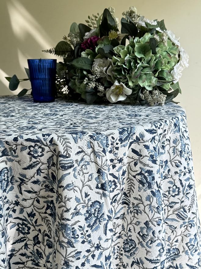 ATOSII Jodhpur Blue 100% Cotton Round Tablecloth, Handblock Print Floral Table Cloth for Kitchen Dining Linen I Parties, Weddings, Outdoors, Christmas I Fall Home Decor 90" Inches Round