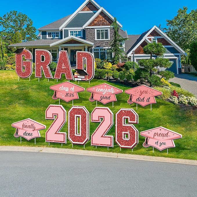 Aneco Waterproof 2026 Grad Yard Signs Plastic Graduation Yard Signs Party Outdoor Lawn Decorations 16 Inches Glitter Congrats Grad Lawn Sign with Stakes for Outdoor Party Garden Decor (Rose Gold)