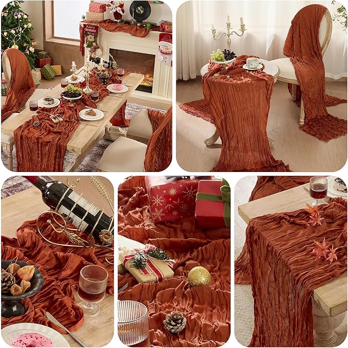 12 Pack Terracotta Thanksgiving Table Runner Cheese Cloth Boho Rustic Gauze 120 Inch 10 FT Burnt Orange Sheer Cheesecloth Table Runners for Wedding Birthday Baby Shower Holiday Party Fall Decor