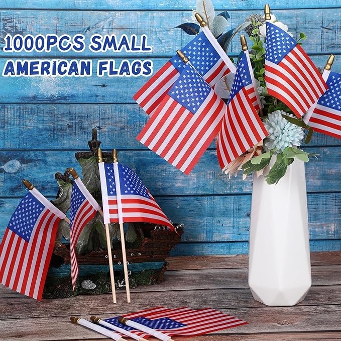 Batiyeer 1000 Pcs Small American Flags on Stick 4 x 6 Inch Mini American Flags Handheld USA Flag Polyester 4th of July Decorations with Safety Golden Spear Top for Memorial Independence Day Decoration