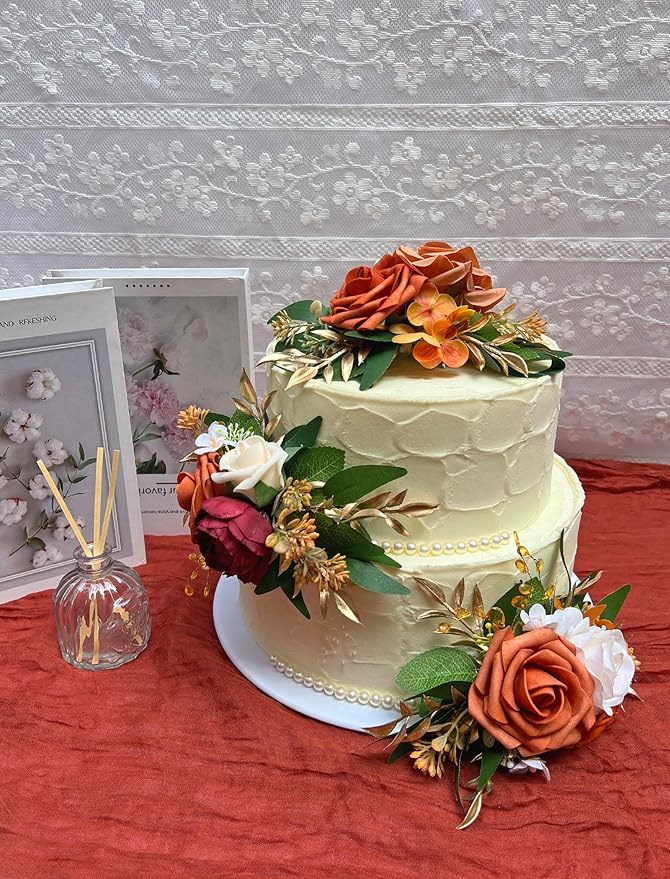 Marriwise 3Pcs Pre-made Cake Toppers Flowers, Burnt Orange Wedding Cake Decoration,Artificial Flowers Decor for Wedding Ceremony Anniversary,Birthday Party,Fall Vintage (Burnt Orange)