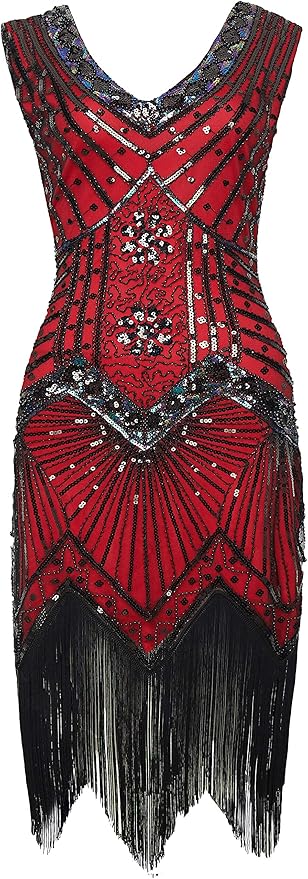 BABEYOND Women's Plus Size Flapper Dresses 1920s V Neck Beaded Fringed Great Gatsby Dress
