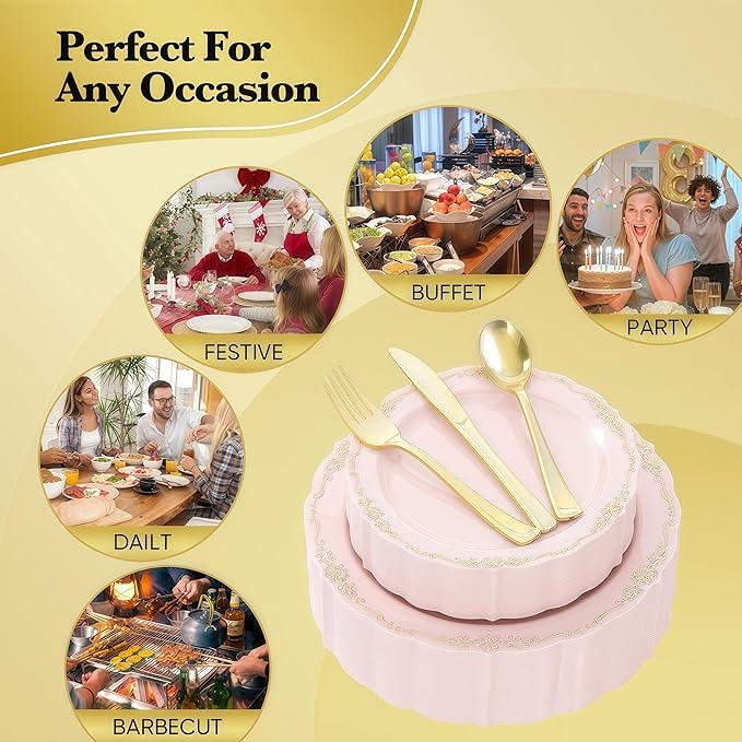 175 PCS Pink Disposable Plates, Elegant Dinnerware Set for 25 Guests, 50 Plastic Plates, 75 Silverware, 25 Cups & 25 Paper Napkins, Pink