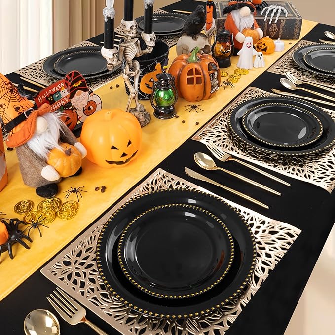 Rubtlamp 60Pcs Black Gold Plastic Plates, Black Disposable Plates With Gold Beaded, Heavyduty Plastic Plates, Halloween Plates Include 30 Dessert Platos, 30 Dinner Platos for Party