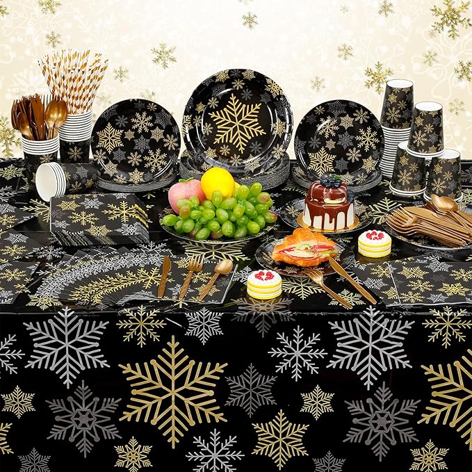 452 Pcs Christmas Snowflake Party Supplies Black Gold and Sliver Snowflake Paper Plates and Napkins Cups Tablecloth Cutlery Straws for 50 Guests Winter Xmas Birthday Party Decoration