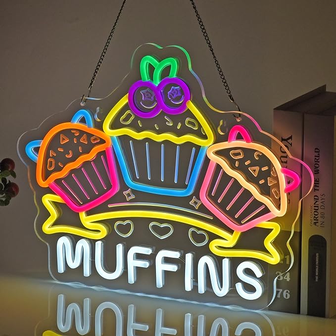 Muffins Neon Sign, Neon Lights Hanging Wall Art Decoration for Bakery Café Restaurant Snack Bar Pastry Shop Party Home Decor, USB Powered Ultra Bright Dimmable, 16.14×12.6inches