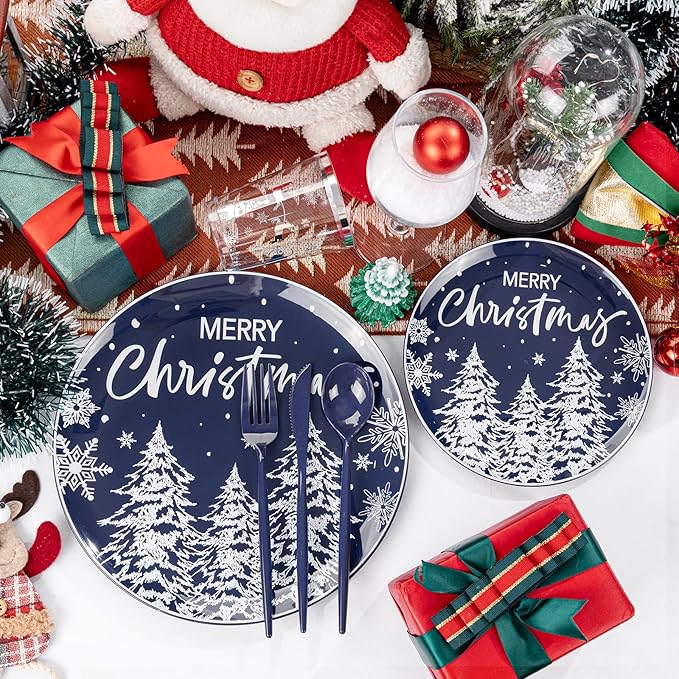 Supernal 150pcs Blue Christmas Plastic Plates - Christmas Party Tableware Set Include Blue Plastic Plates with White Xmas Trees, Heavy Duty Silverware Disposable, Silver Cups for New Year