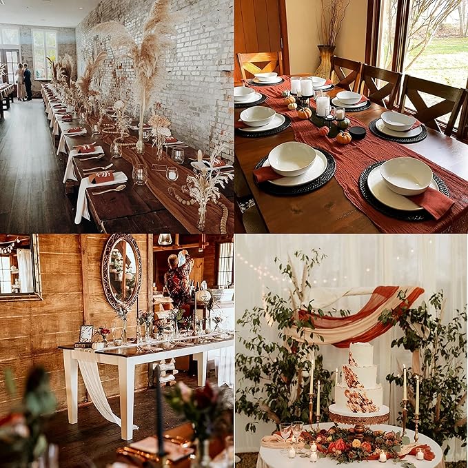 12 Pack Burgundy Cheesecloth Table Runner 10ft Boho Gauze Cheese Cloth Table Runner Rustic Sheer Runner 120 inch Long for Christmas Wedding Table Decorations