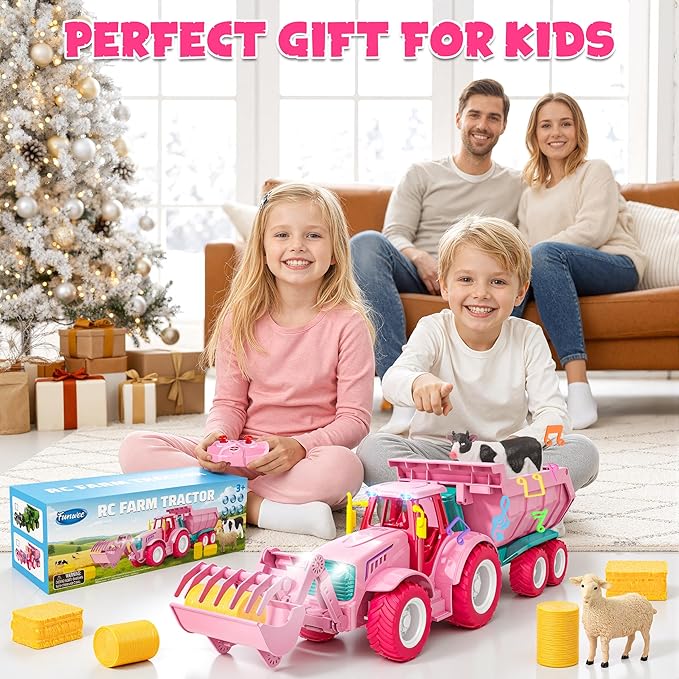 Funwee RC Farm Tractor Toy w/Light & Music, Kid Truck Toy w/Front Loader & Farm Animal, 2.4GHz RC Tractor Trailer Car Vehicle Toy for Boy Girl Age 3 4 5 6 7+ Year Old Christmas Birthday Gift (Pink)