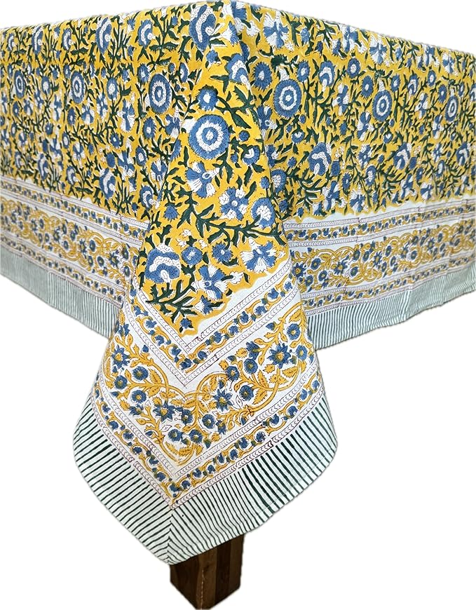 ATOSII Marigold Blue Yellow 100% Cotton Fall Tablecloth, Handblock Print Rectangle Table Cover for Kitchen Dining Linen I Parties, Weddings, Outdoors, Easter Table Decor 60 X 90 Inches I 6 Seater