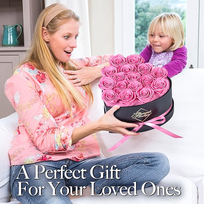 GLAMOUR BOUTIQUE 16 Flower Forever Heart Shape Box, Eternal Preserved Roses Gift for Her, Lasting Flowers, Romantic Floral Keepsake for Birthday, Anniversary or Valentine’s Day, Pink (Color-Treated)