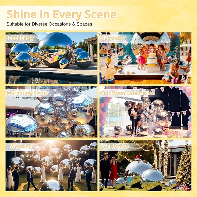 Inflatable Mirror Ball Shiny Balls Large Hanging & Standing PVC Disco Bubble Balloon For Christmas, Birthday, Party, Wedding, Decoration, Other Events (Silver, 1 Pcs 47.2in Without Pump)