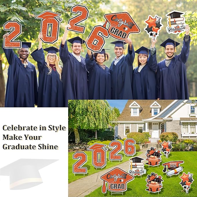 Large 11 PCS Graduation Yard Signs, Class of 2026 Congrats Grad Outdoor Lawn Yard Sign with Stakes, Graduate Yard Decorations for College High School Party, Orange
