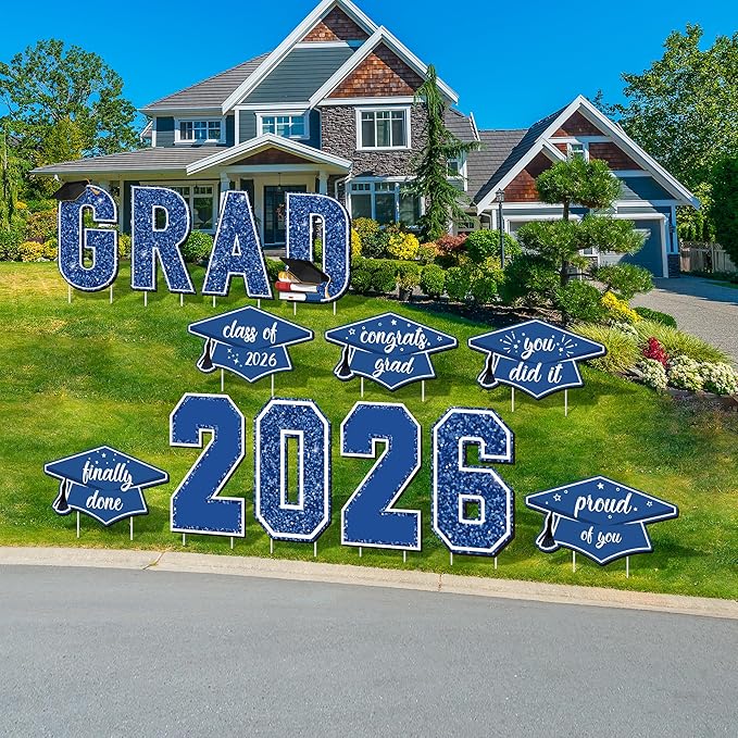 Aneco Waterproof 2026 Grad Yard Signs Plastic Graduation Yard Signs Party Outdoor Lawn Decorations 16 Inches Glitter Congrats Grad Lawn Sign with Stakes for Outdoor Party Garden Decor (Blue)