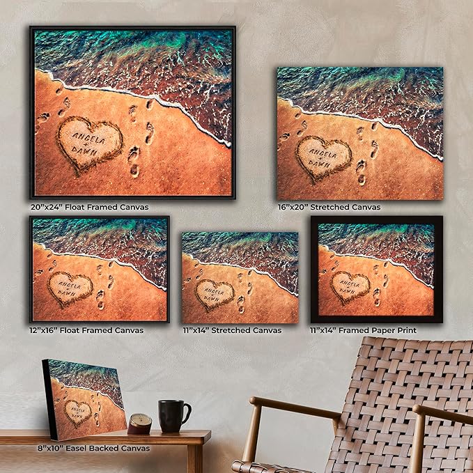 Personal-Prints TOES IN THE SAND | Personalized Romantic Canvas Art Gift with Your Names | Custom for Valentine’s Day or Wedding Anniversary (11"x14" Framed Paper Print)