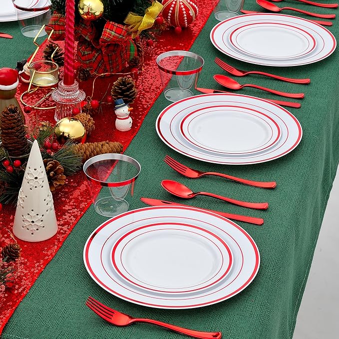 300PCS Red Dinnerware Set for 50 Guests, White and Red Plastic Disposable Plates for Party-50 Dinner Platos,50 Dessert Plates, 150 Silverware Set- Fancy Heavy Duty Party Plate