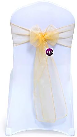 VDS Pack of 50 | Gold | Organza Chair Sashes Crystal Sheer Tulle Dining Chair Bows Tie Ribbon for Wedding Birthday Graduation Engagement Ceremony Event Party Banquet Venue Hotel Decoration