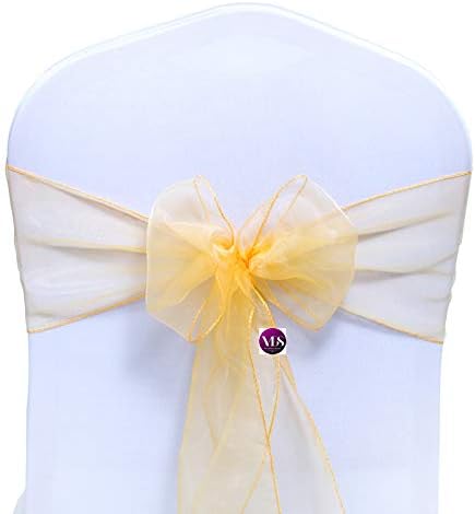 VDS Pack of 50 | Gold | Organza Chair Sashes Crystal Sheer Tulle Dining Chair Bows Tie Ribbon for Wedding Birthday Graduation Engagement Ceremony Event Party Banquet Venue Hotel Decoration
