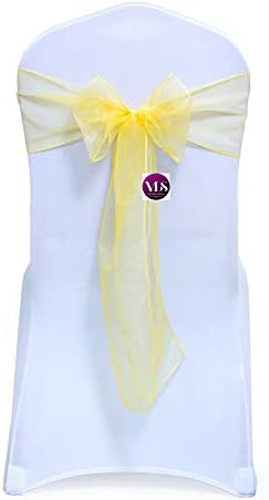 VDS Pack of 25 | Yellow | Organza Chair Sashes Crystal Sheer Tulle Dining Chair Bows Tie Ribbon for Wedding Birthday Graduation Engagement Ceremony Event Party Banquet Venue Hotel Decoration