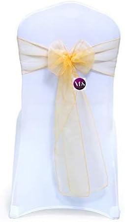 VDS Pack of 100 | Gold | Organza Chair Sashes Crystal Sheer Tulle Dining Chair Bows Tie Ribbon for Wedding Birthday Graduation Engagement Ceremony Event Party Banquet Venue Hotel Decoration