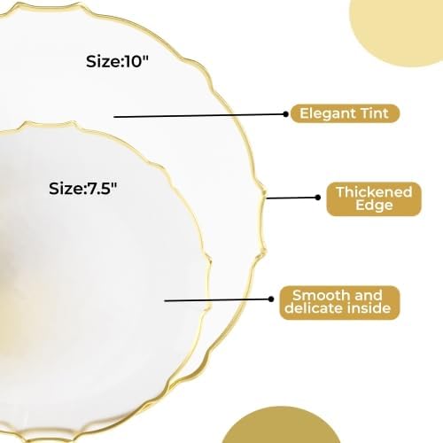 Exquisite Tinted Plates 80-Piece Plastic Disposable Party Set for 40 Guests - 40 X 7.5 Dessert Plates & 40 X 10 Thin Delicate Fancy Dinnerware with Clear Gold Rim
