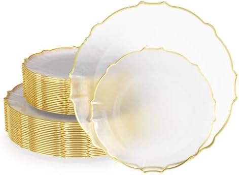 Exquisite Tinted Plates 80-Piece Plastic Disposable Party Set for 40 Guests - 40 X 7.5 Dessert Plates & 40 X 10 Thin Delicate Fancy Dinnerware with Clear Gold Rim