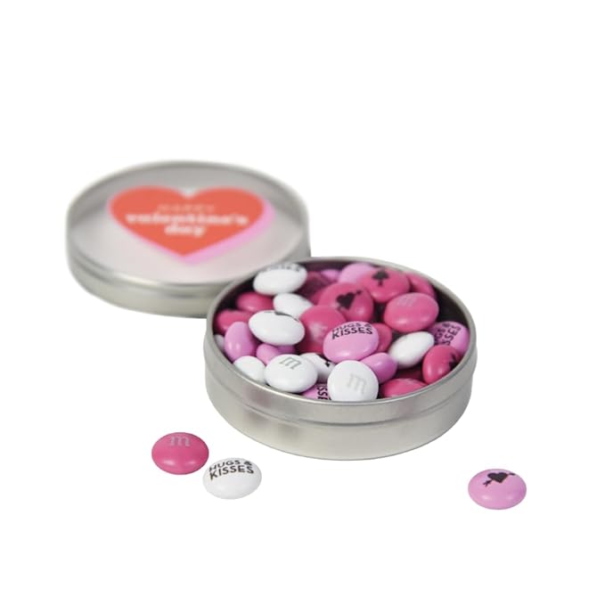 M&M'S WORLD Valentine's Day Favor Tins Set of 24 with Pre-Designed Pink and White Candies for Valentine's Parties and Gifts