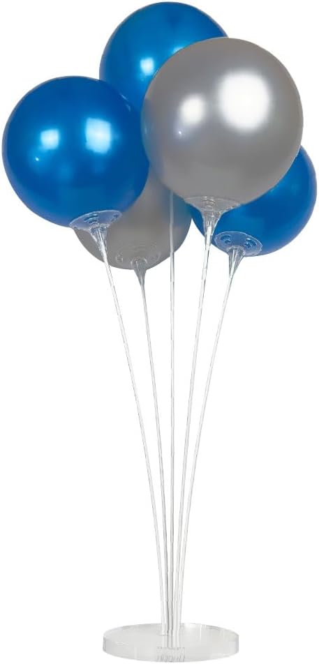 Reusable Balloon Tabletop Kit - Helium-Free Vinyl Bouquets - Lasting Inflation - Includes 5 Balloons, Stems & Acrylic Base, for Business, Schools & Events (Blue and Silver)